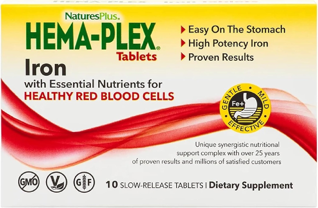 NaturresPlus Hema- Plex Iron - 10 Slow- Lepaskan Tablet - 85 mg Chlated Iron - Total Blood Health - dengan Vitamin C & Bioflavonoid - Vegan, Gluten Free - 10 Servings