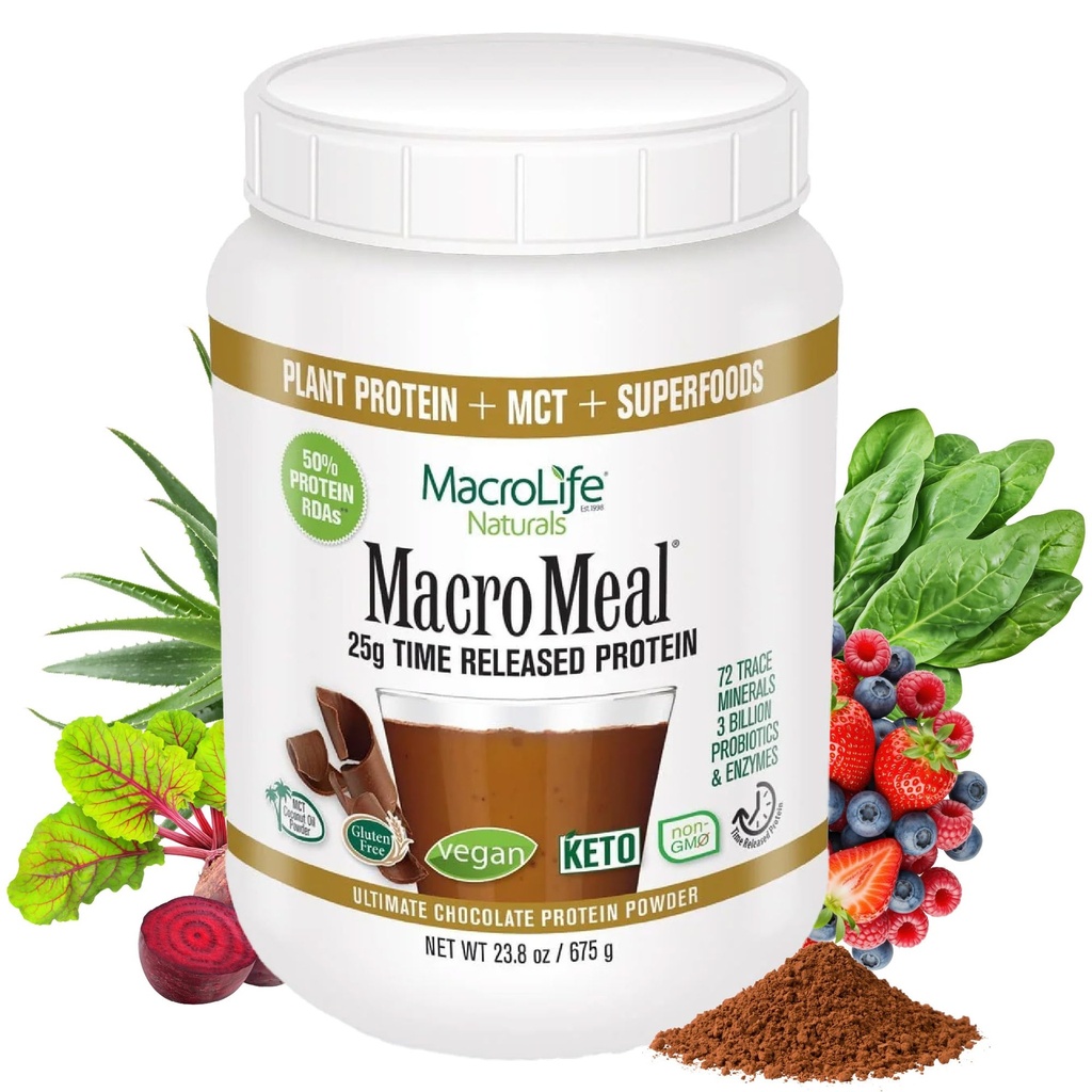 MacroLife Companals MacroMeal Chocolate Protein Powder Prefood Greens Progories + Fiber, Immune Energy Digetial Entials for Women & Men Gluten- Free - 23.8oz (15 Servings) Chocolate