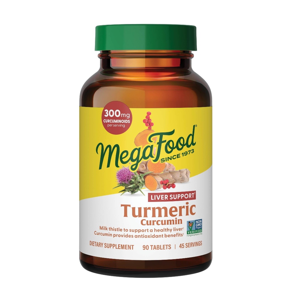 Suplemen Kurcumin MegaFood Turmeric untuk Dukungan Liver - Suplemen Turmeric dengan Black Pepper & Milk Thistle - Curcuminoid 300mg Per Serving - Vegan, Gluten Free, NonGMO - 90 Tablet, 45 hamba