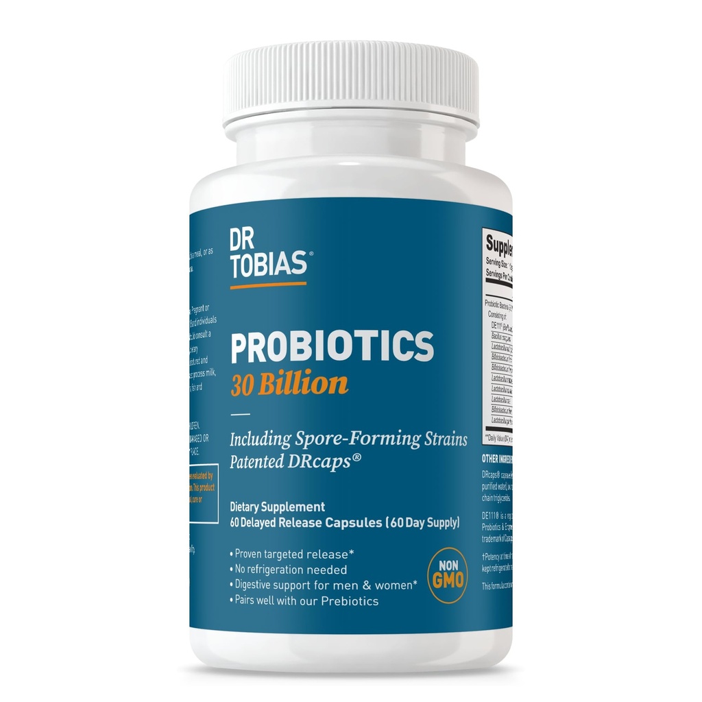 Dr. Tobias Problem 30 Miliar, 10 Strain, 30 Milyar CFU 's, Targeted Rilis Progories for Women & Men, Support Digetical Health, Shelf-Stable, Non-GMO, 60 Capsules, 60 Servings