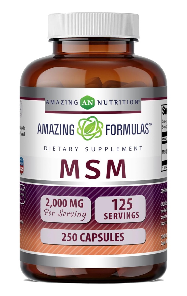 Amazing Formulas MSM (Methylsulfonymetana) Supplemen 124; 2000 Mg Per Serving 14; Capsules 124; Non- GMO 124; Gluten Free 124; Made in USA (1 Pack, 250 Count)
