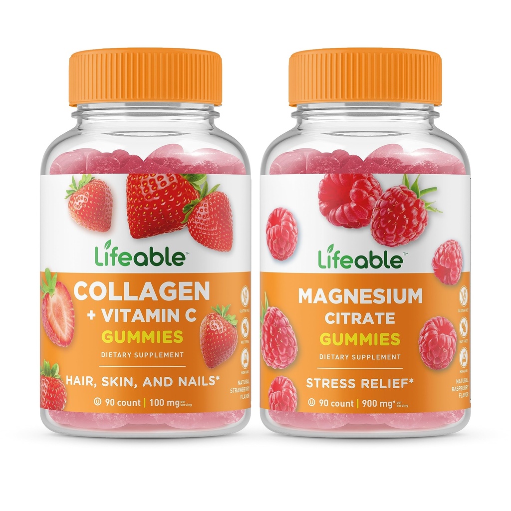 Lifeable Collagen & Vitamin C + Magnesium, Gummies Bundle - Great Tasting, Vitamin Suplemen, Gluten Free, GMO Free, Chewable Gummy