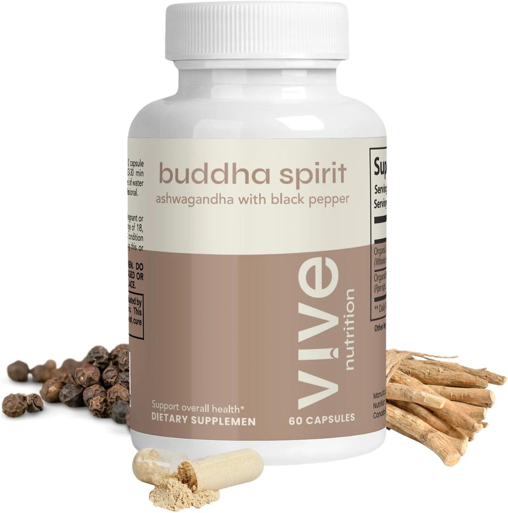 Roh Buddha Ashwagandha Capsules dengan Black Pepper - 100% Organik, Vegan & Gluten- Free - 60 Count, 30-Day Supply