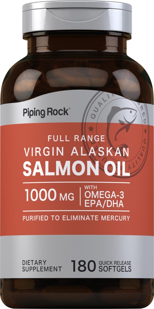 Piping Rock Wild Alaska Salmon Oil ikan 124; 10000mg 124; 180 Softgels 124; Suplemen untuk Manusia 124; Omegaga-3, EPA, dan DHA 124; Non-GMO dan Gluten Bebas
