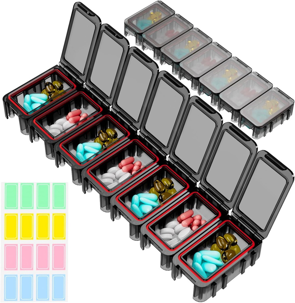 Restree Weekly Pill Organizer, 7 kompartemen Portable Pill Box Satu waktu sehari, Kasus Perjalanan Bukti, Kotak Pil Pil Pil Pil untuk Vitamin, Obat-obatan, Minyak Ikan (Hitam)