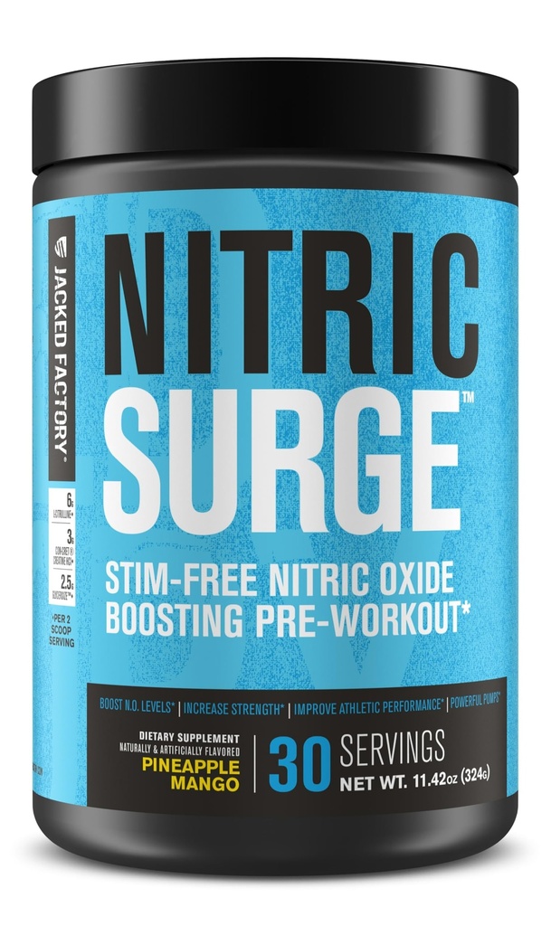 Jacked Factory Nitric Surge Stame Free Pre Workout Powder - Caffeine- Free Nitric Oxide Suplement w / Cret Cretine, L Citrulline, & Glycerol - Pangeapple, 30 Servis