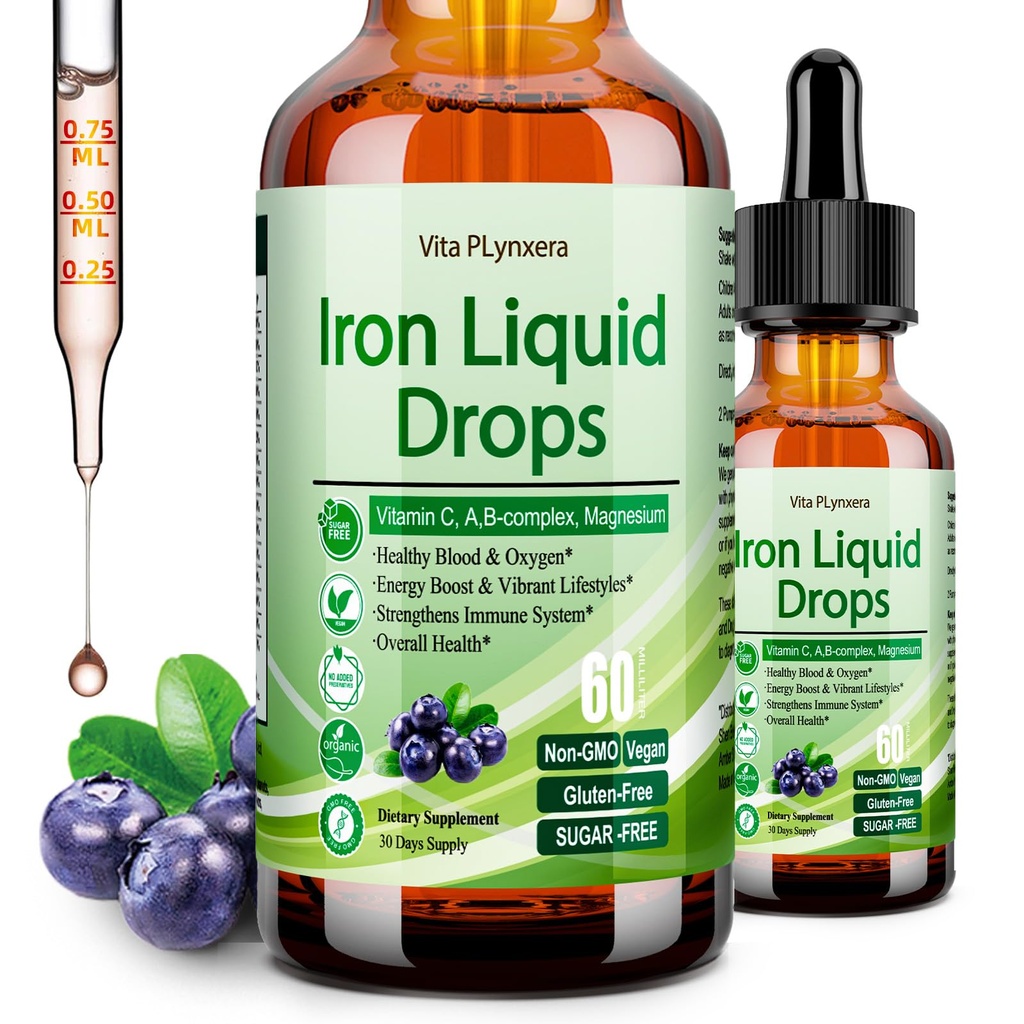 Tambahan Besi Liquid untuk Perempuan Pria & Anak-anak, Vegan Besi Drops dengan Vitamin C D, B12, B-Complex, Cair Potensi Tinggi dengan Multivitamin untuk Anemia, Dukungan Energi, Darah, Magnesium Lembut