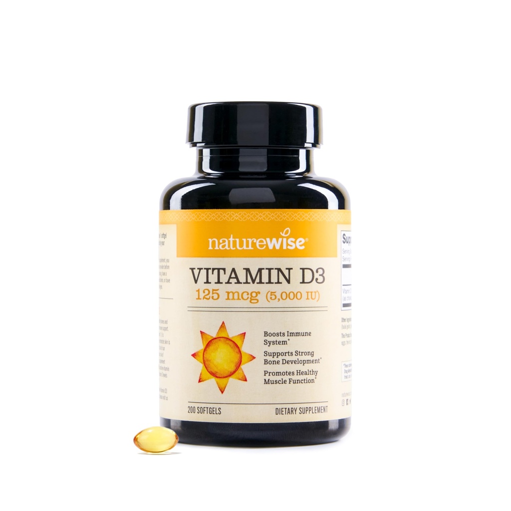 NatureWise Vitamin D3 5000iu (125 mcg) 200- Day Supply for Ammune Dukung, Healthy Muscle Fungsi, dan Bone Health - Non-GMO, Gluten Free in Organic Expect Olive Oil, (Mini Softgel), 200 Count