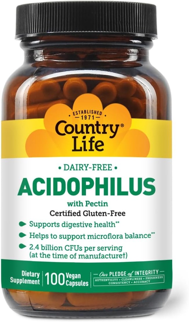 Country Life Acidophilus Probiotic Suplement for Women & Men - Free from Common Allergens - 2.4 Milyar CFU untuk mendukung Digetical Health - Dairy- Free, Non-GMO, 100 Vegan Capsules