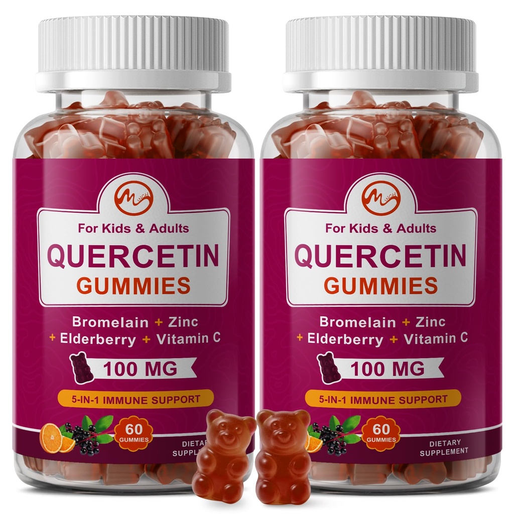 (2 Paket) Quercetin Gummies dengan Bromelain, Elderberry, Zinc dan Vitamin C - Chewable Quercetin Suplemen 700mg untuk Imunity, Allergy, Aging Dukungan - Gegan Gummies untuk Dewasa & Kid