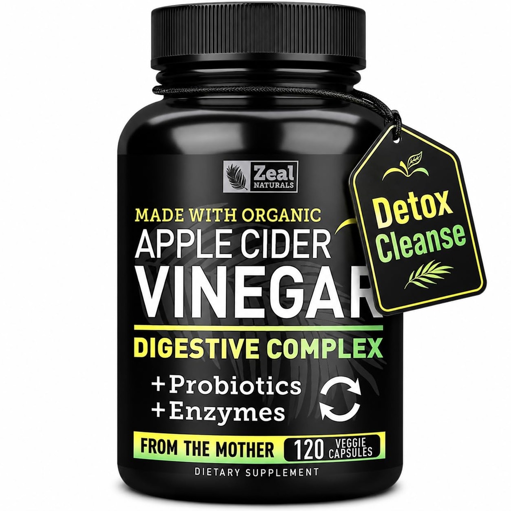 Kapsul Vinegar Venegar Organik + Digetical Enzymes & Progories (1500mg Application 124; 120 Capsules) Raw Apple Cider Pills & Fiber Suplemen untuk Kesehatan Gut, Dukungan Imune, Diboth & Detox Cleanse
