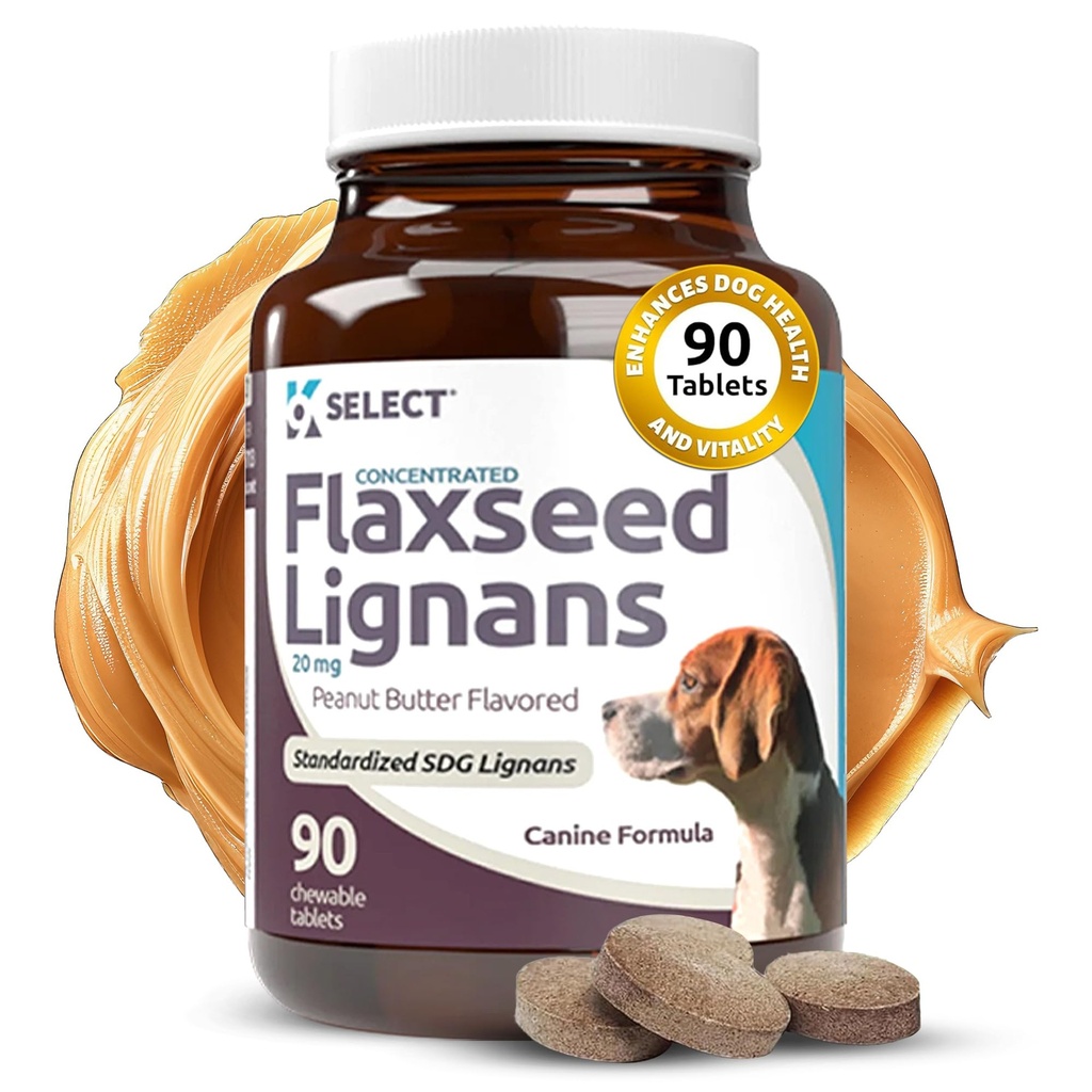 K9 Pilih Terkonsentrasi Flaxseed Lignans untuk Dogs, 20mg 90 Tablets, Peanut Butter Berwarna Chewable, Impove Coat