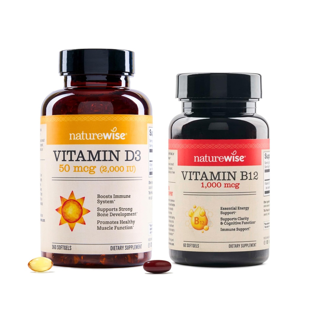 NatureWise Vitamin D3 2000iu 360 Count dan Vitamin B12 100mcg 60 Softgels untuk Energi, Imune Dukungan dan Fungsi Otot Sehat