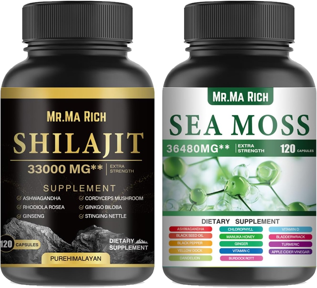 Sea Moss dan Shilajit Capsule Bundle, Ashwagandha Rhodiola Rosea Ginseng.