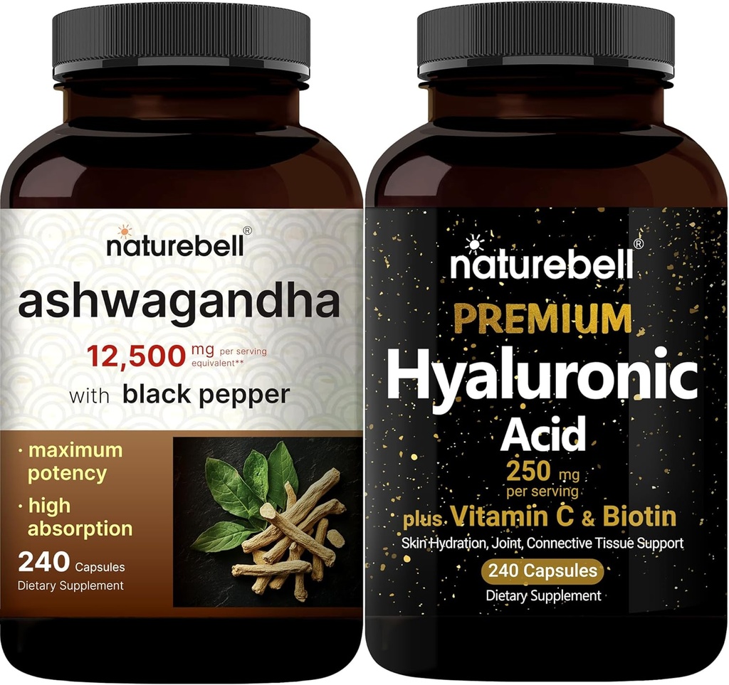 NatureBell Hyaluronic Aciles with Biotin + Vitamin C & Ashwagandha 12.500 mg Equivalen with Black Pepper Bundle Pack N24; Complex Beauty Care Complex 124; Adaptogens Suplemen untuk Relaksasi