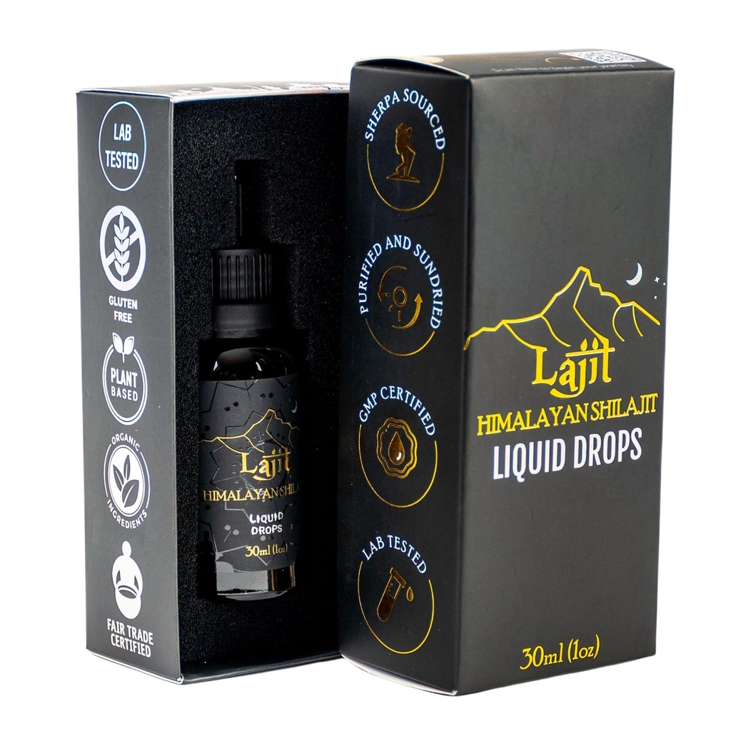 Lajit Gold grade Hilayan Shilajit Liquid Drops - Organik, Sun- Died - Nutrients Biovailable - Fulvic Acid, 85 + Trace Mineral - Lab Test for Men & Women - Natural Energy, Immunity, Strength- 30ml