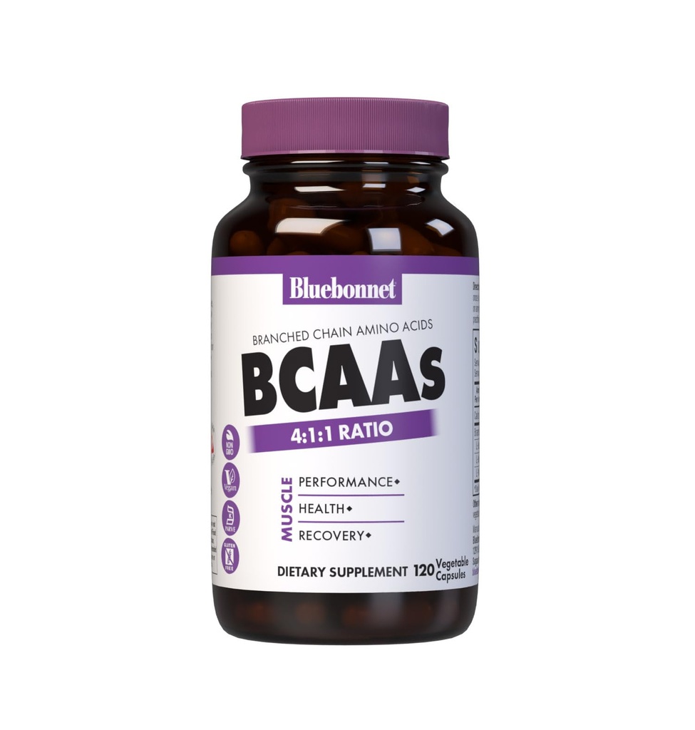 Bluebonnet Nutrition BCAAs 4: 1: 1 Rasio, Performance Otot *, Kesehatan Otot *, Perbaikan Otot *, Non-GMO, Vegan, Kosher Disertifikasi, Gluten- Free, Soy- Free, Dairy- Free, 120 Vegetable Capsules, 30 Plan