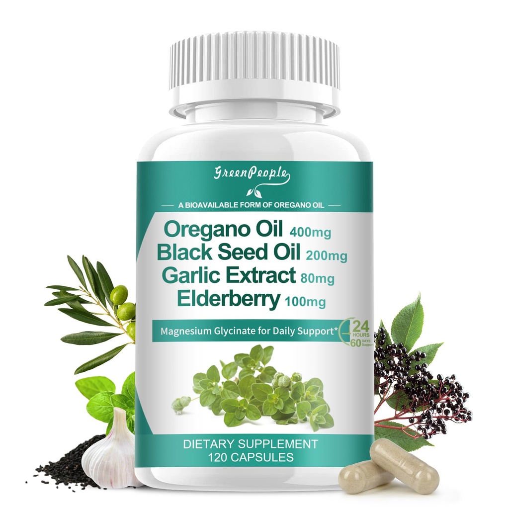 Capsules Oil Organic Oregano - 11- 1 Blend with Black Seed Oil, Elderberry, Garlic, Olive Leaf- Magnesium & Black Pepper for Absorpsi - Imune, Respiratory & Digeaty - Vegan, Non-GMO, 120 Ct