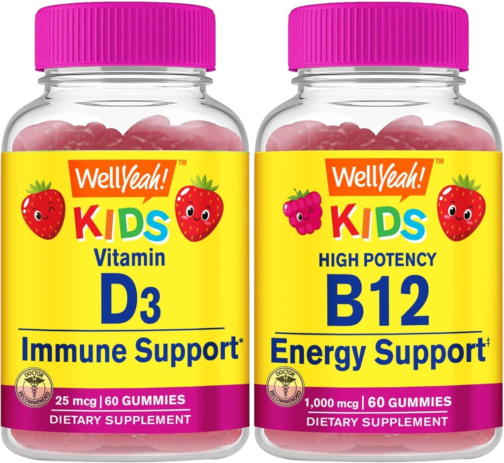 Welly Yeah Vitamin D3 Kids + Vitamin B12 Kids, Gummies Bundle - Great Tasting, Vitamin Suplemen, Gluten Free, GMO Bebas, Gummy Chewable