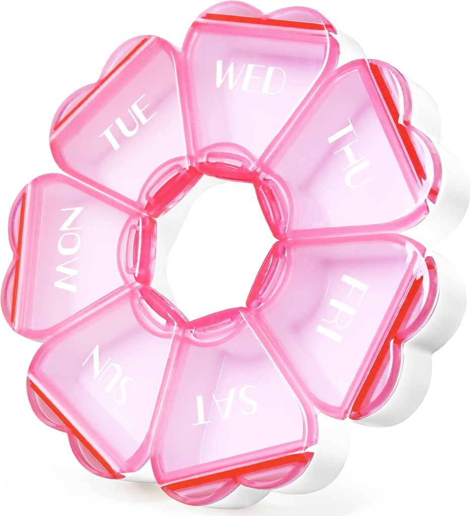 Cute Pill Organizer 7 Day, Color Blocking Weekly Pill Box, Daily Medicine Container with Large Comparts for Fish Oils / Vitamin / Medication / Suplemen (Pink)