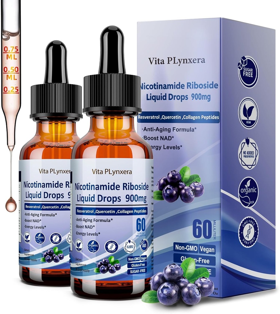 2 Pack NAD Suplemen untuk Women & Men, NAD Nicotinamide Riboside Resveratrol 900mg & Quercetin, Niasin, Collagen, Biotin, Liquid NAD Plus Supplemen NR900 Untuk Energi Skin sebelumnya Fokus Umur-panjang
