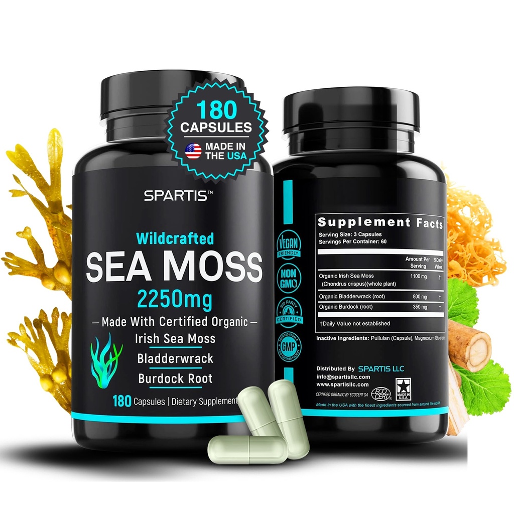 Certified Organic Sea Moss Capsules 2250mg Wildmade Irish Sea Moss Burdock Root Bladderwrack Tambahan Raw Seamoss Pil & Powder (Paket 1 di 180- Caps)