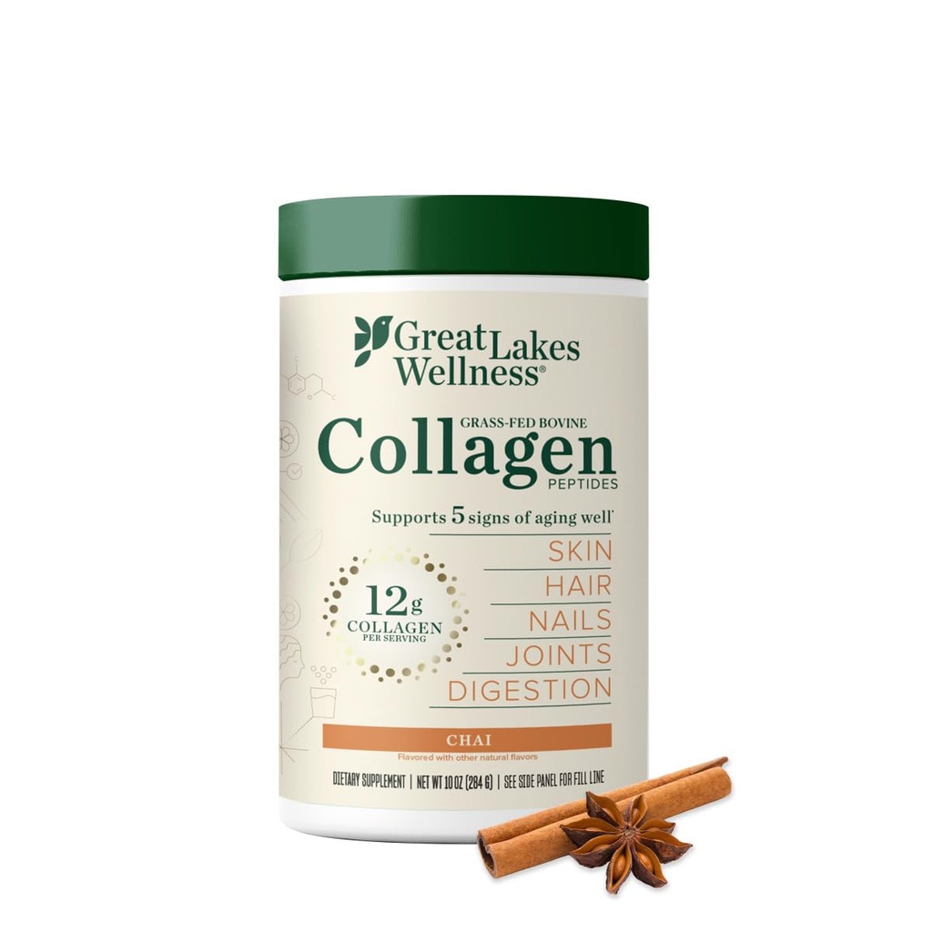 Great Lakes Wellness Collagen Peptides Powder untuk Skin, Hair, Nails, Joints & Divalry - Chai Flavored - Quick Dissolve Hydrolyzed, Non-GMO, Kosher - 10 oz