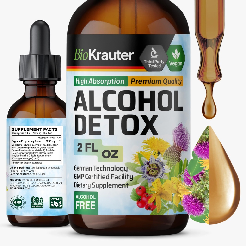 BIO KRAUTER Alkohol Detox Tincture - Liver Cleanse & Detox Formula - Milk Thistle & Dandelion - Liquid Extract - Alkohol dan Gula Free - Vegan Drops 2 Fl.Oz.
