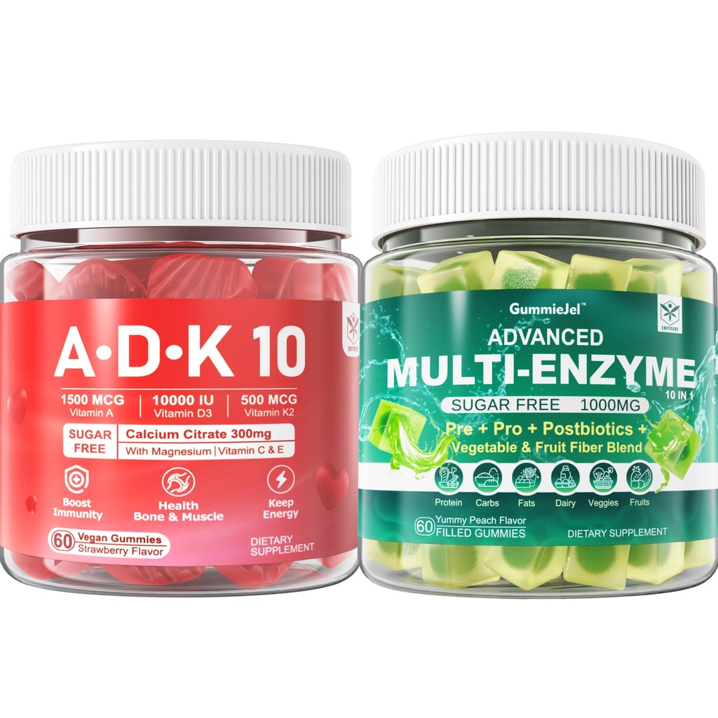 Enzymes Gummies 1000mg Chewable - Break Down Food Quickly, 90 Milion CFU, Probiotic, Postbiotic, Prebiotic & Fiber Blend & Vitamin ADK Gummies + Calcium Magnesium Zinc Suplemen