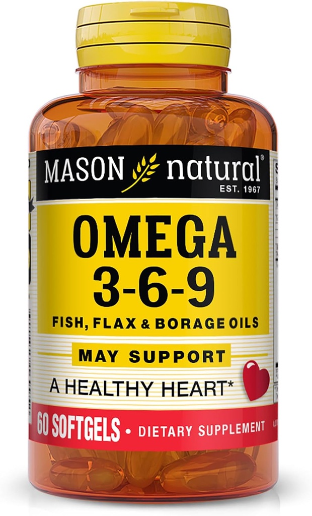 Mason Natural Omega 3-6-9 dengan Fish, Flaxseed, & Borage Oil, 60 Softgels