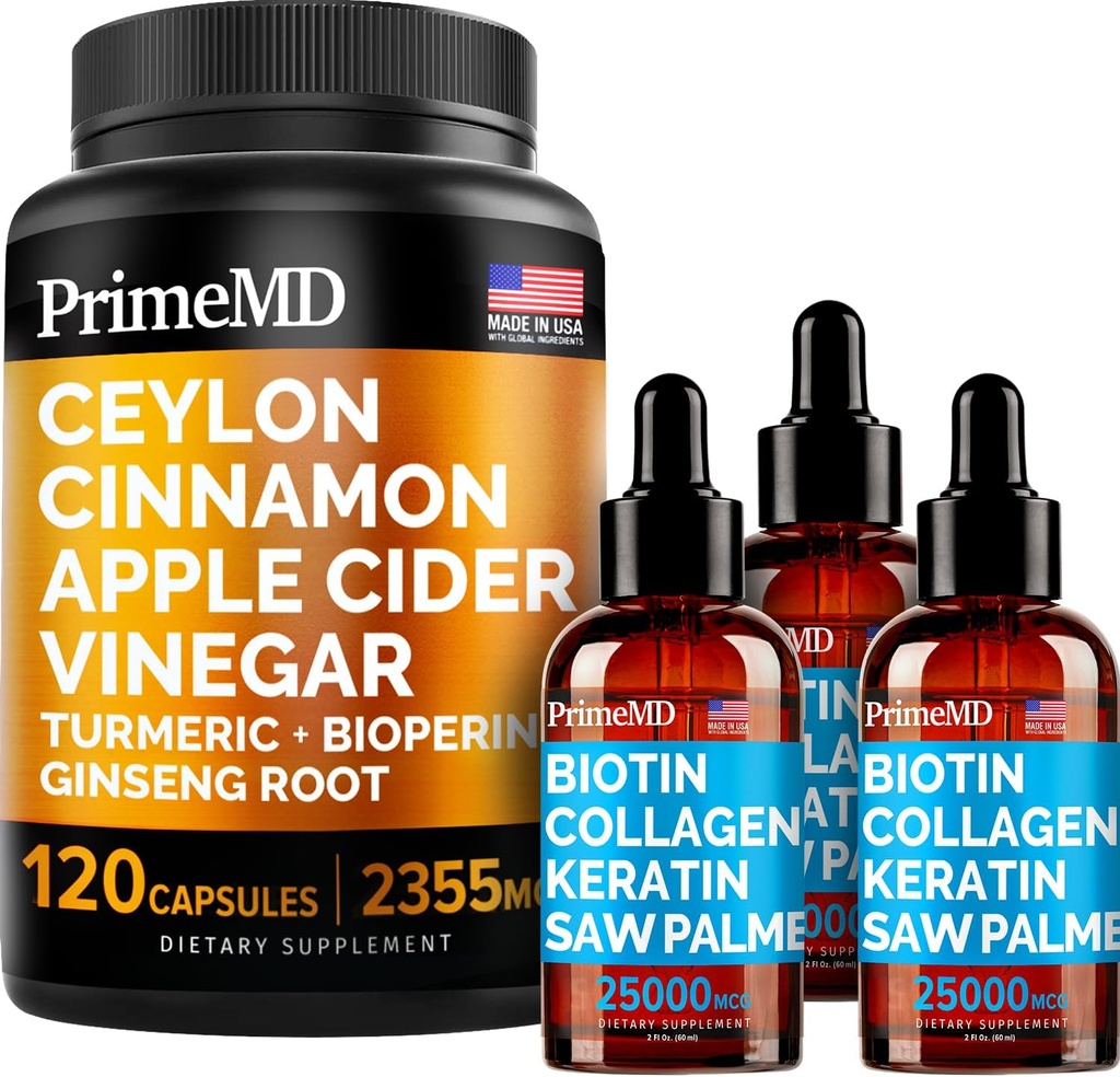 4 -in- 1 Liquid Biotin Collagen Keratin Saw Palmetto Drops (2 fl oz - 3 Pack) & 5 -in- 1 Cinnamon Ceylon w Turmeric & Ginseng Root (120ct) Bundle - Rambut, Skin, Nails, & Imune Support Supplemen