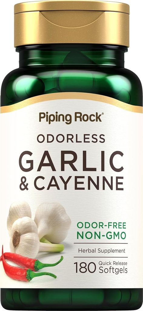 Piping Rock Odorless Bawang putih Softgeels 124; 180 Softgels 124; Tambahan dengan Cayenne Extract 124; Allium Sativum Sativum 124; Non-GMO, Gluten Free