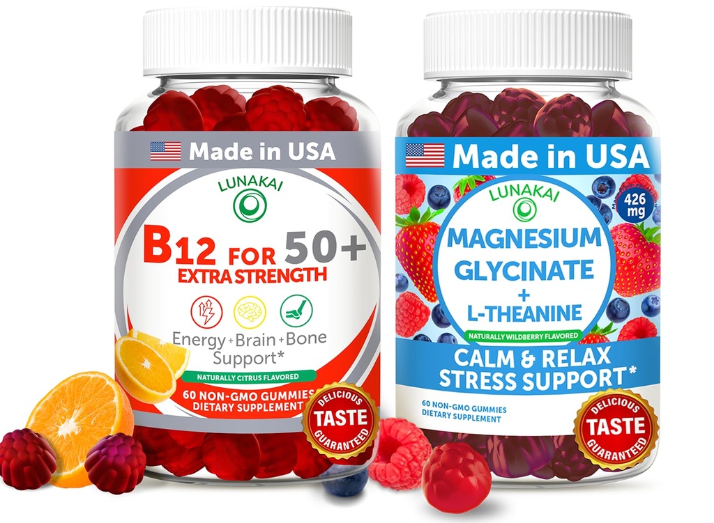 Lunakai USA Made Vitamin B12 for Dewata 50 + & Magnesium Glycinate Bundle, Supports Energy, Mood, Relaxation & Stress Relief, Non-GMO, Vegan, 60ct