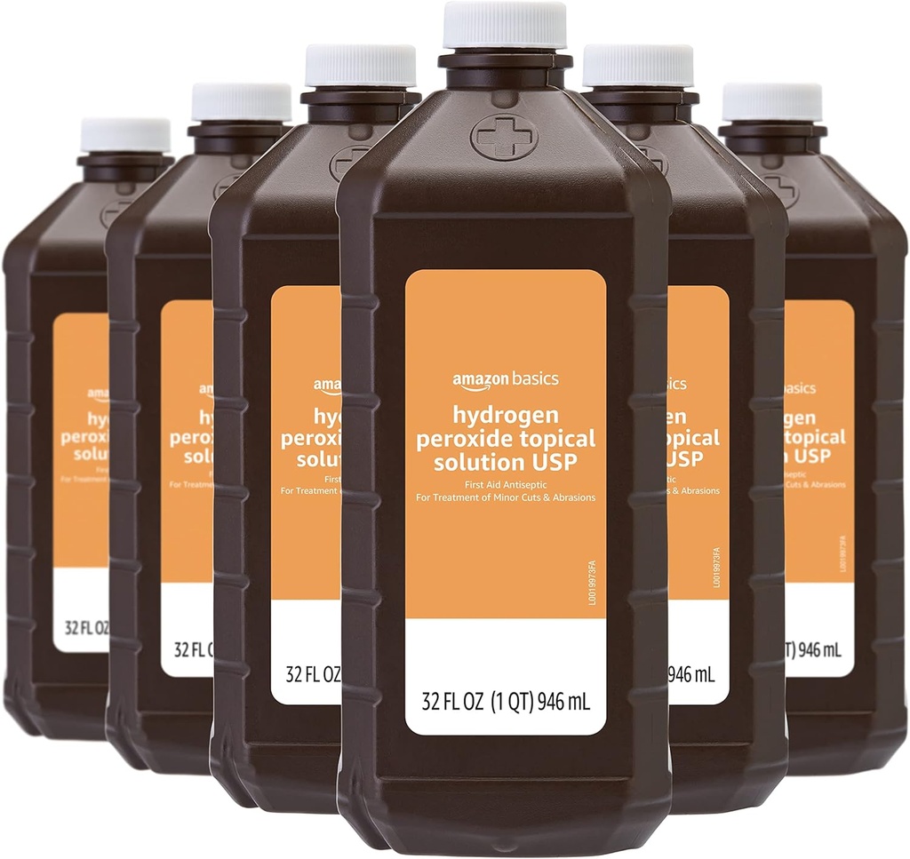 Basics Hydrogen Peroksida Solution Topical USP, Unflafedored, 32 Fl Oz, Pack of 6