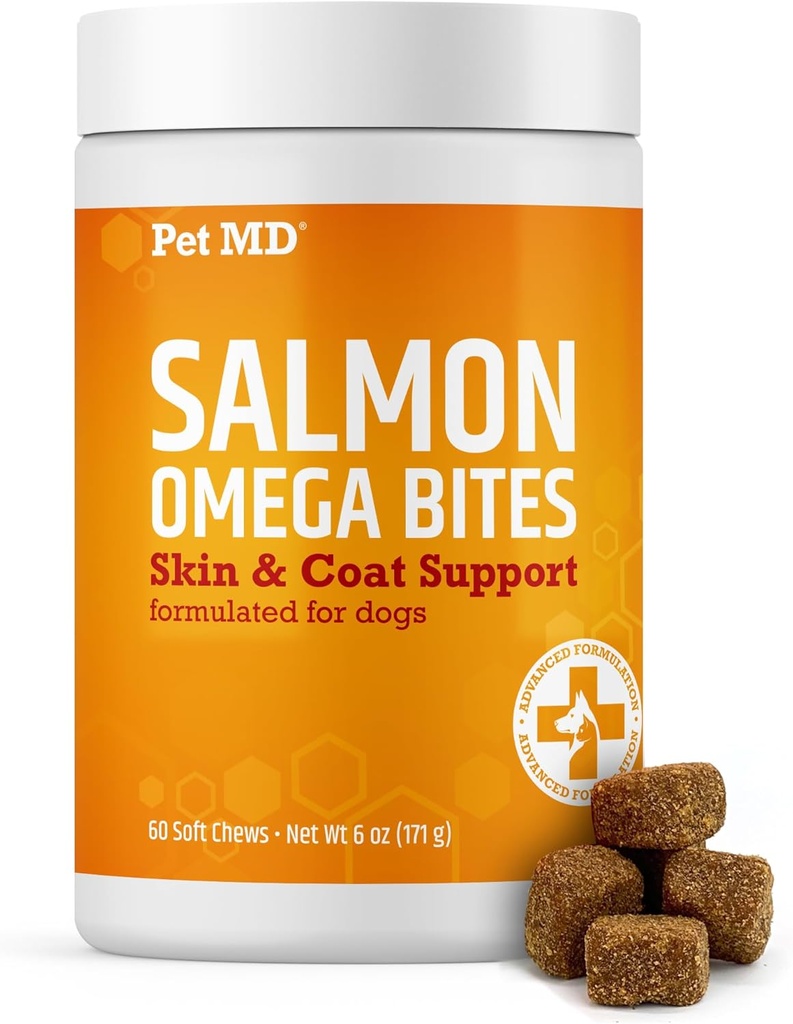 Pet MD Salmon Omega Bites for Dogs - Skin and Coat Suplement with Omega 3 & 6 for Dogs Plus DHA & EPA