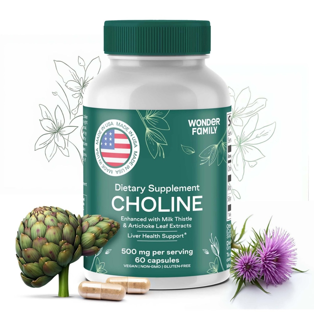 Choline Bitarcrat 500MG - Premium Choline Suplemen Dukungan dan Suplemu Colina 500 mg Organiánica - Otak Vitamin untuk Memori dan Fokus - 60 Choline Caps