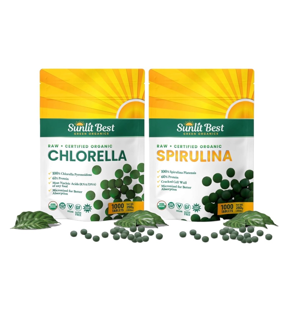 Sunlit Best Premium Chlorella & Spirulina 1000 Count Tablet Bundle 124. untuk dukungan Imune, Energi, Wellsing
