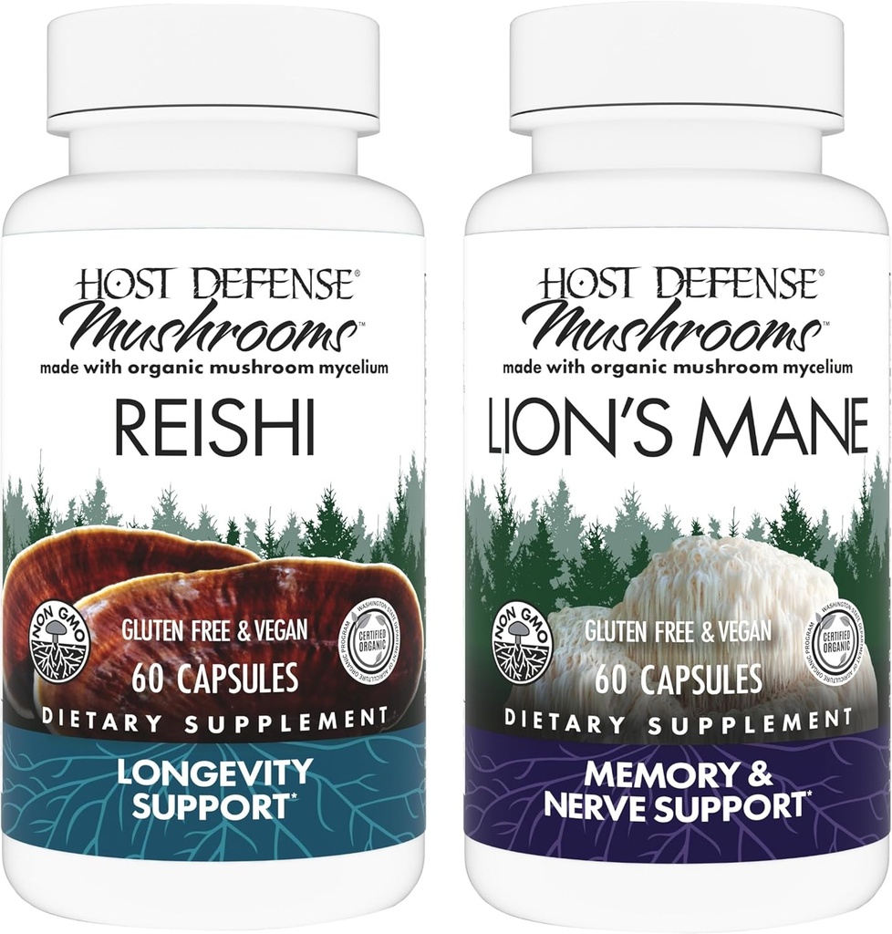 Bundle Host Defense dengan Reishi Capsules, 60 Count & Lion 's Mane Capsules, 60 Count - Dukung Heart & Imune Health - Dukung Kesehatan Otak, Memori & Fokus *