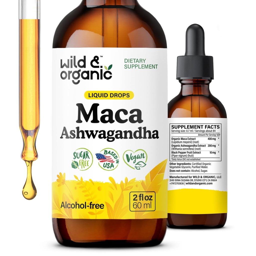 Wild & Organic Maca Ashwagandha Drops for Men and Women - Peruvian Maca Root and Ashwagandha Tincture for Overall Support - Vegan, Sugar & Alcohol- Free Extract Suplemen - 2 fl oz
