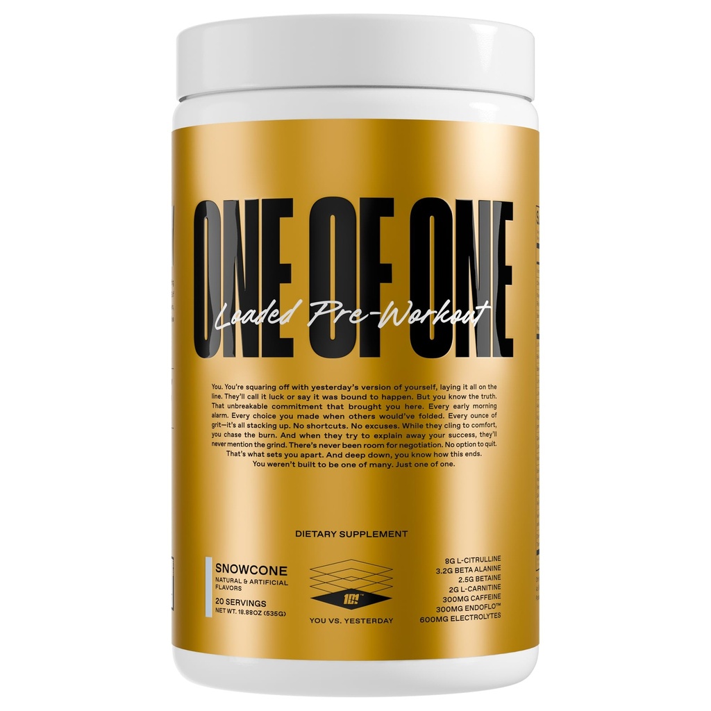 One Of One Loaded Pre-Workout - High- Stim Energy, Focus & Endurance with EndoFlo ™, Genius Pure ™ Alpha GPC, NeuroRush ™, Dynamine ®, No Crash, Gluten Free - Snow Cone