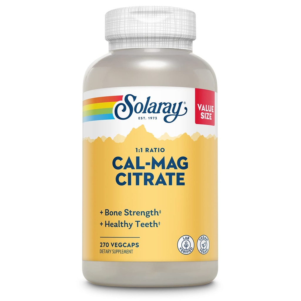 Solaray Calcium Magnesium Citrate 1000mg 1: 1 Rasio, Sone Power Suplement, Muscle, Nerve dan Bone Health Dukungan, yang disediakan untuk Absorpsi Tinggi, Jaminan Hari 60-Hari, 45 Servings, 270 VevCaps