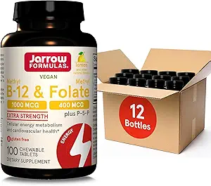 Jarrow Formula Methyyl B-12 1000MCG & Methyl Founil 400MCG, Extra Kekuatan Energi Cellular & Cardiovaskular Kesehatan Formula 1 (1) Dengan P-5- P, 100Chewable Tab, Sampai dengan Tambahan 100 Hari, 12Pals