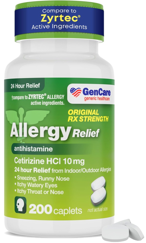 GenCare - Cetirizine HCL 10 mg (200 Caplet) - 24 Hour Allergy Relief Pill - Non Drowsy Generik OTC Medication - Antihistamin Medicine for Sneezing, Runny Nose & Itchy Eyes - Generik Zyrtec