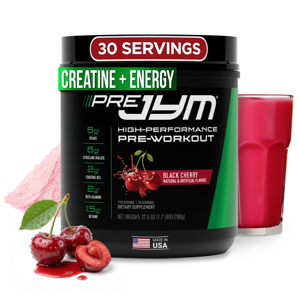 JYM Supplemen Sains Pra JYM Black Cherry Pra Workout untuk Pria & Perempuan, BCAAs, Nootropics, Cretine HCI, Citrulline, Beta-Alanine, Betaine, Taurine, Huperzine, 30 Pegawai