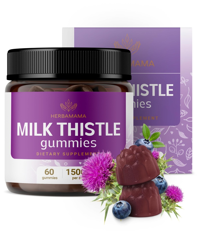 HERBAMAM Milk Thistle Suplemen - 1500mg Milk Thistle Seed Gummies for Liver Cleanse - Vegan, Non-GMO Liver Dukungan dengan Silybum Marianum - 60 Pectin- berbasis Bluebered Chews