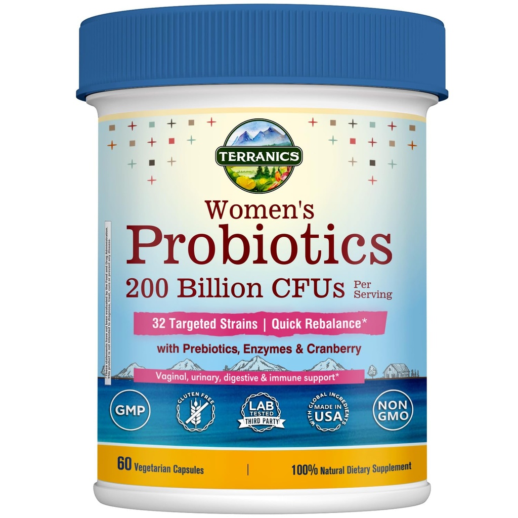 Terranics Daily Progories for Women, 200 Million 32 Strains Womens Progrees, with Cranberry, Prezymes & Enzymes, Rebalance Vaginal Flora & pH, Delayed Rilis, Shelf Stable, 60 Vegan Caps