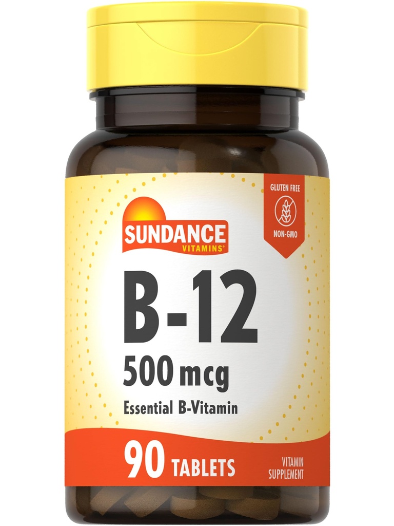 Sundance Vitamin B-12 124; 500mcg 124; 90 tablet Vegetarian; Suplemen Vitamin Escamin: 124; Non-GMO dan Gluten Free Formula