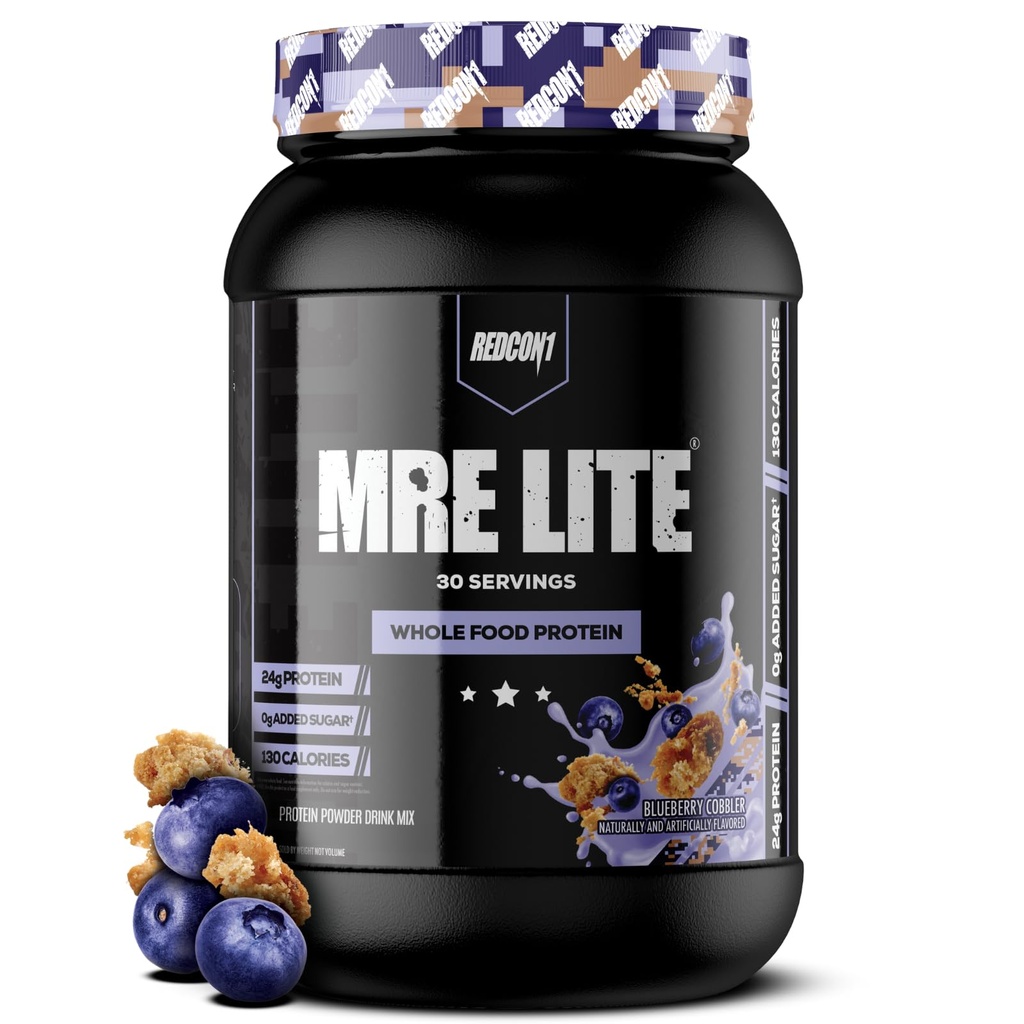 REDCON1 MRE Lite Whole Food Protein Powder, Blueberry Cobbler - Penggantian Meal Bebas Wey dengan Pelecehan Protein Hewan - mudah untuk Tambahan Digest Dibuat dengan MCT Oils (30 Servings)
