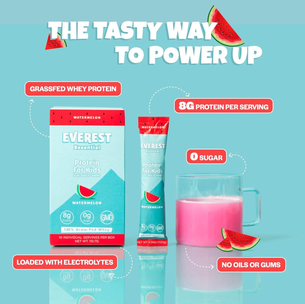 Everest Escalytes, Kid 's Clear Whey Protein Powder (Semangka, 10 Paket) Protein Minum untuk Anak-anak, Elektrolit untuk Anak-anak, 8g Protein Per Serving, Non GMO, Zero Added Sugar
