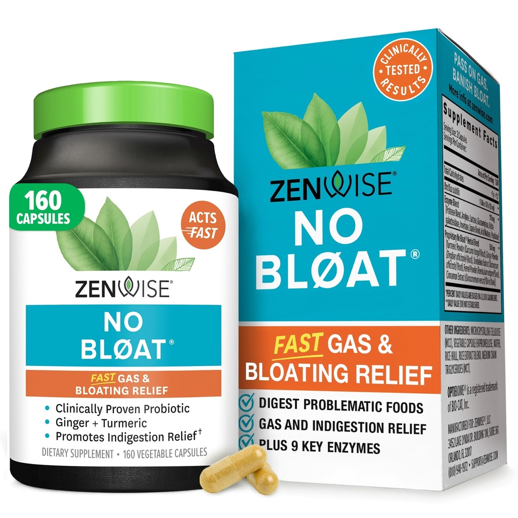Zenwise Health Health No Bloat Digetical Enzymes for Gut Health, Gas & Bloating Relief - Multi Enzymes Dispable Suplemen dengan Progories, Ginger, Turmeric Dandelion & Lactase - Pria & Perempuan - 160 Count